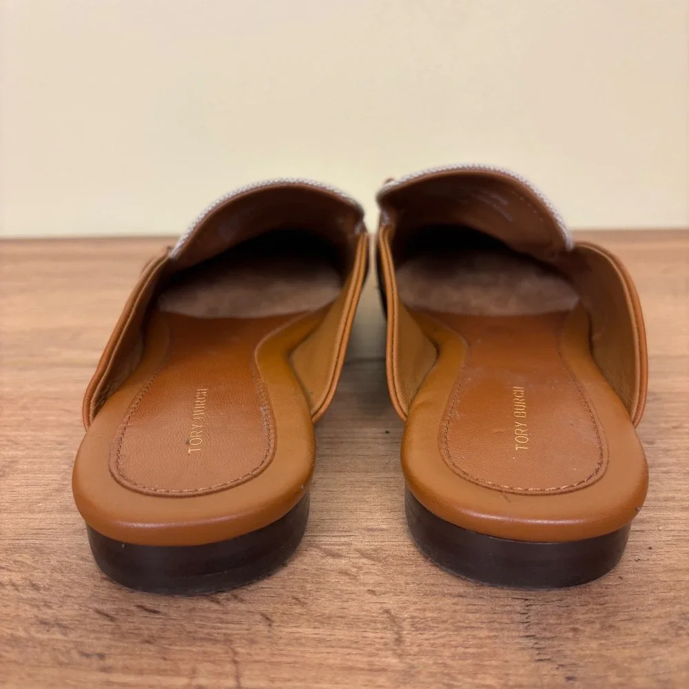 TORY BURCH Georgia Backless Loafer Mule Tan Ivory Women Size 8.5 Leather Woven